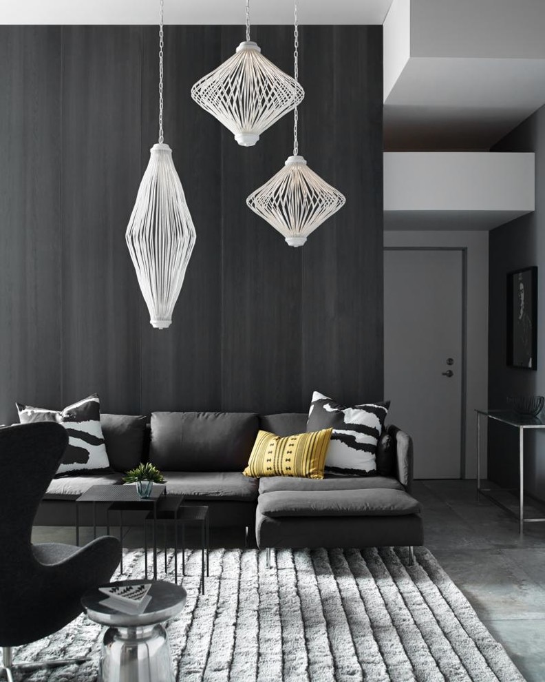 Mittelgroßes, Fernseherloses, Offenes Modernes Wohnzimmer ohne Kamin mit schwarzer Wandfarbe, Keramikboden und buntem Boden in Sonstige
