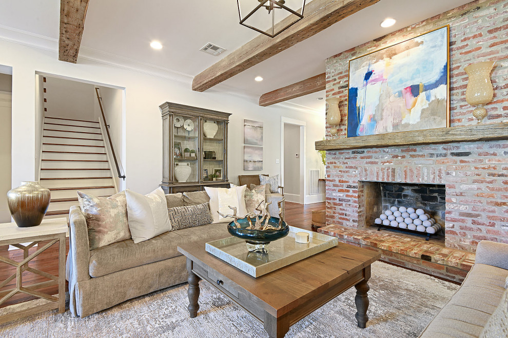 Inspiration for a large eclectic formal and open concept medium tone wood floor, brown floor and wallpaper living room remodel in Other with white walls, a standard fireplace, a stone fireplace and a wall-mounted tv