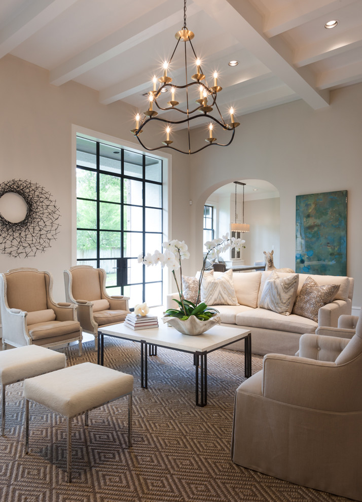 Large transitional enclosed light wood floor living room photo in Houston with white walls and a wall-mounted tv