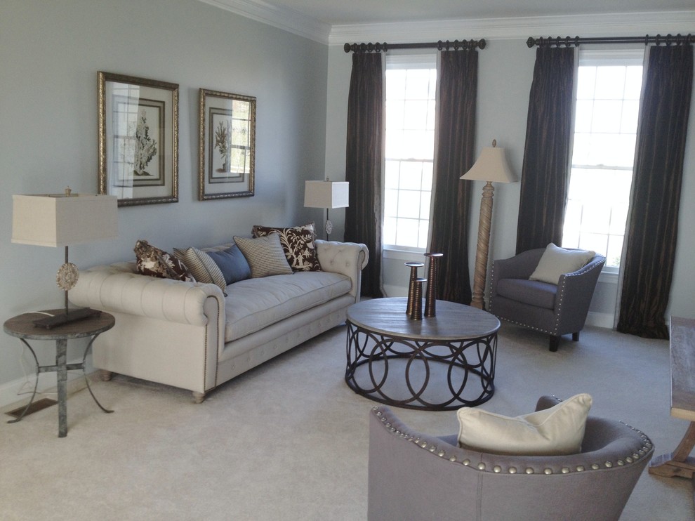 Medium sized classic formal enclosed living room in Philadelphia with grey walls, carpet and white floors.