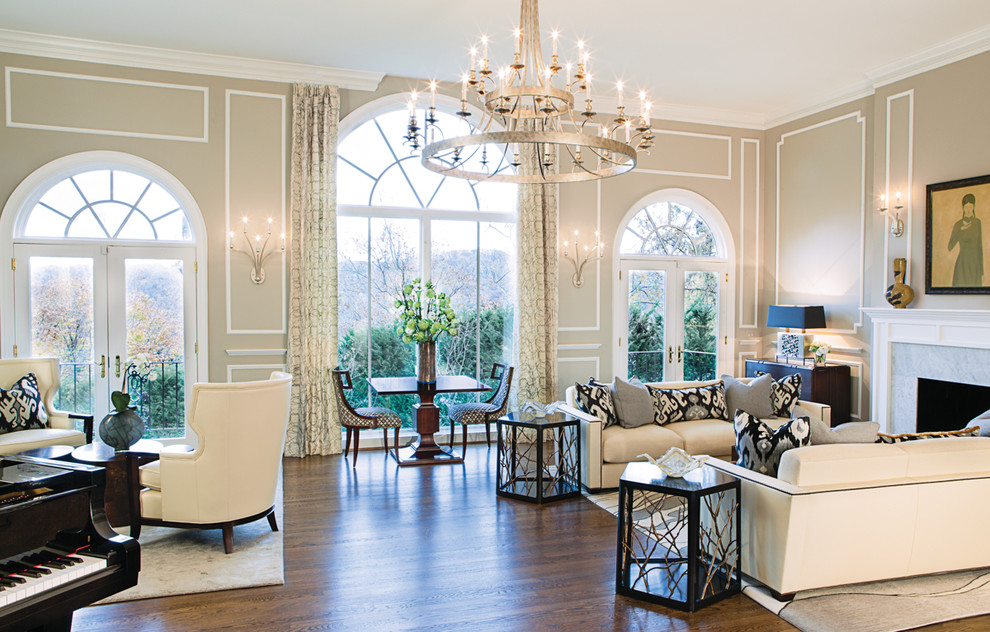 Living room - large transitional formal and open concept dark wood floor and brown floor living room idea in DC Metro with beige walls, a standard fireplace, a stone fireplace and no tv