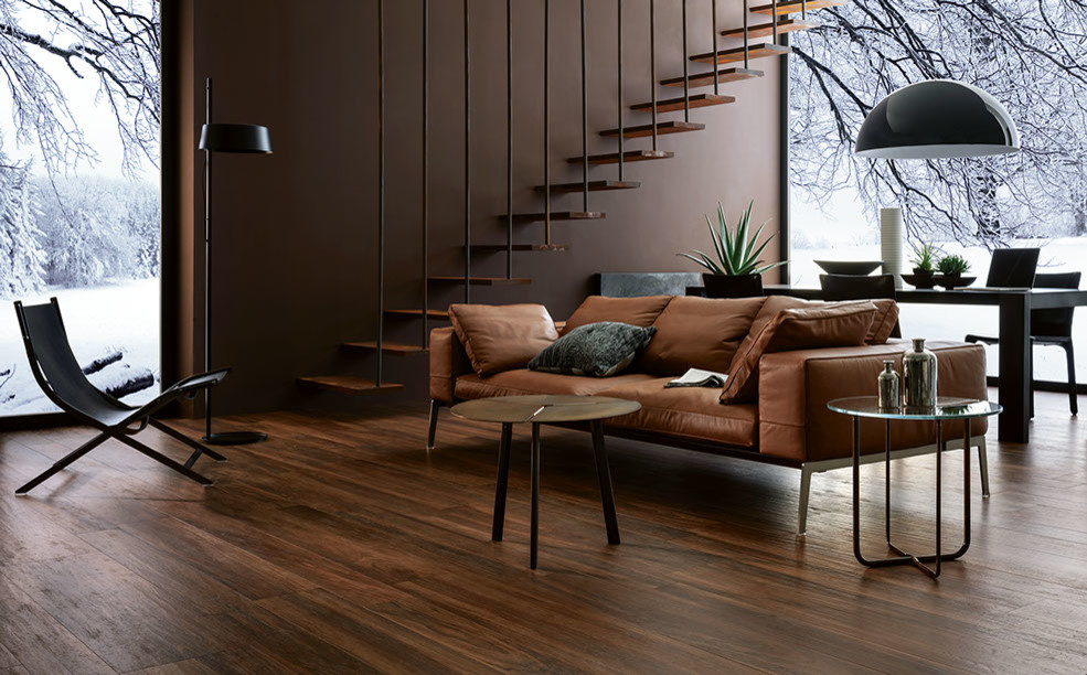 This is an example of a medium sized contemporary formal open plan living room in Other with brown walls, dark hardwood flooring, no fireplace and no tv.