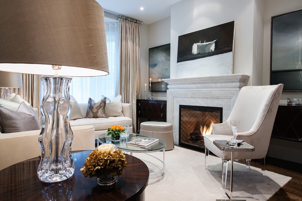 Contemporary living room in Toronto with a standard fireplace and a stone fireplace surround.