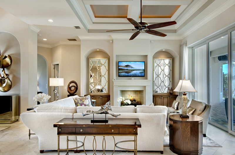 Design ideas for a classic open plan living room in Tampa with grey walls and a wall mounted tv.