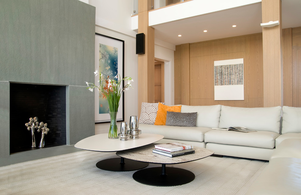 Идея дизайна: гостиная комната в современном стиле с стандартным камином