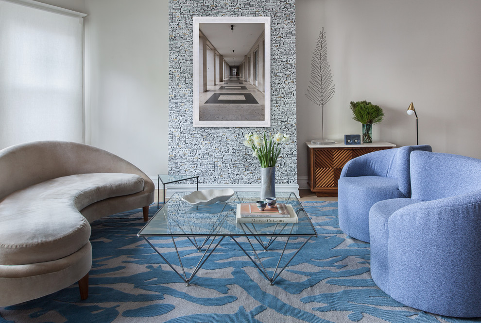 Inspiration for a small contemporary formal and open concept carpeted living room remodel in New York with no fireplace, no tv and white walls