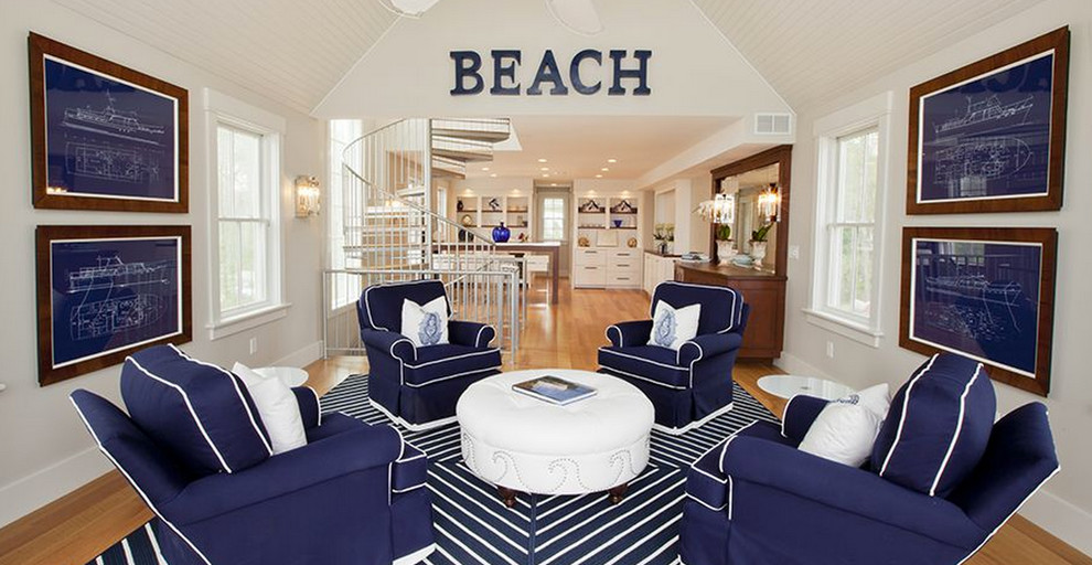 Design ideas for a medium sized beach style open plan living room in Boston with beige walls, light hardwood flooring, no fireplace and no tv.