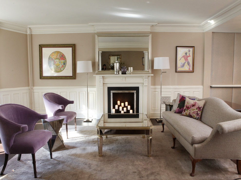 This is an example of a medium sized classic open plan living room in New York with beige walls, dark hardwood flooring and a standard fireplace.