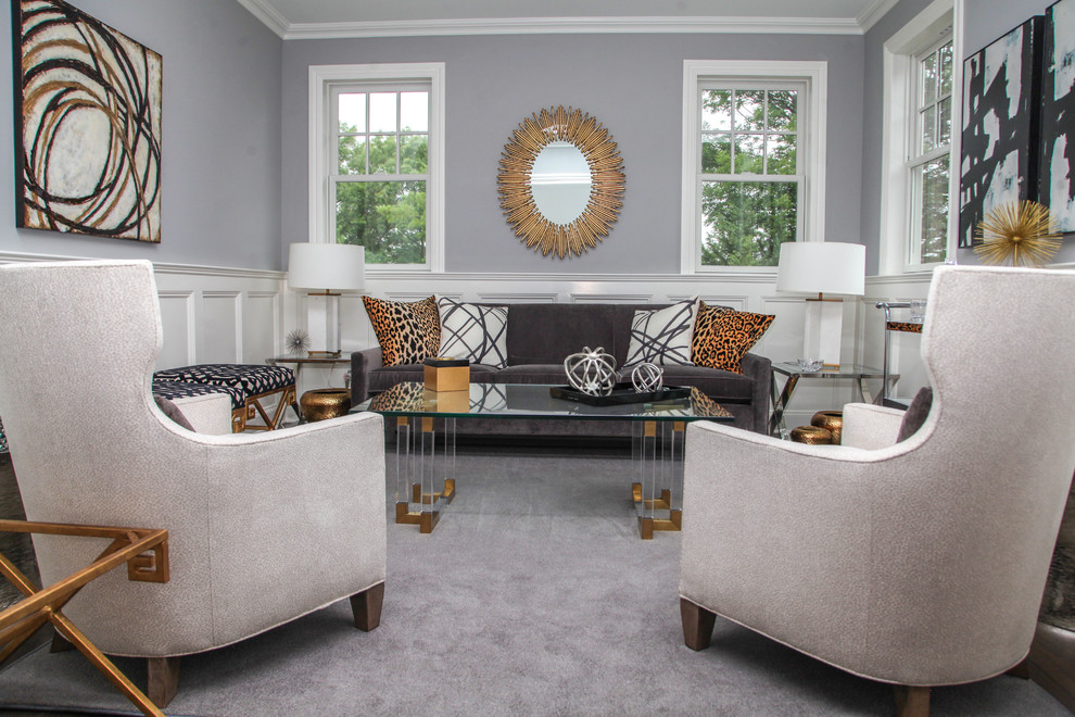 Example of a mid-sized classic formal and enclosed carpeted living room design in New York with gray walls, no fireplace and no tv