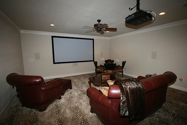 Cette photo montre une salle de cinéma chic avec moquette et un téléviseur fixé au mur.