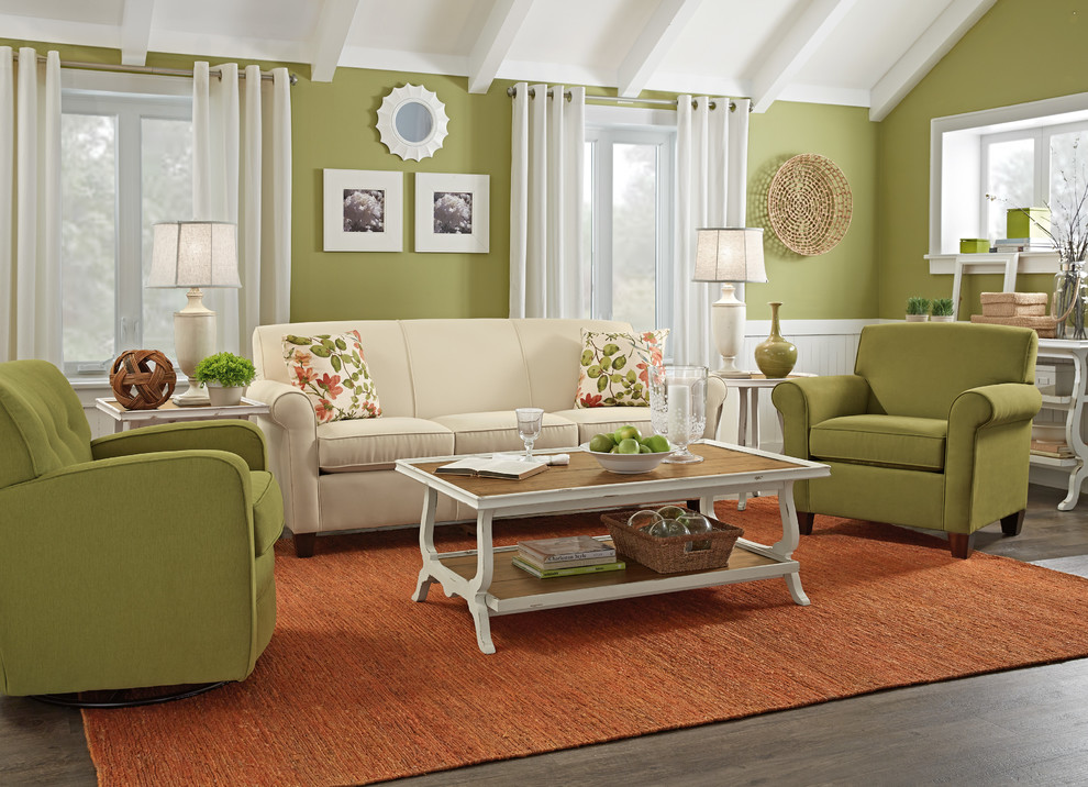 Foto di un soggiorno eclettico aperto e di medie dimensioni con pareti verdi, parquet scuro e sala formale