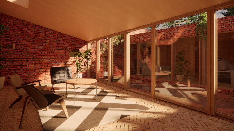 На фото: маленькая открытая гостиная комната в стиле модернизм с красными стенами, кирпичным полом, телевизором на стене и бежевым полом для на участке и в саду