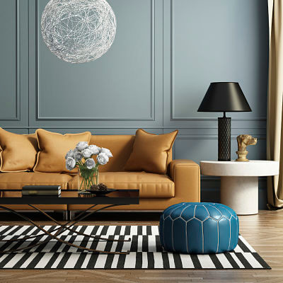 Стильный дизайн: парадная, изолированная гостиная комната среднего размера в стиле фьюжн с синими стенами, темным паркетным полом, стандартным камином, фасадом камина из камня и скрытым телевизором - последний тренд