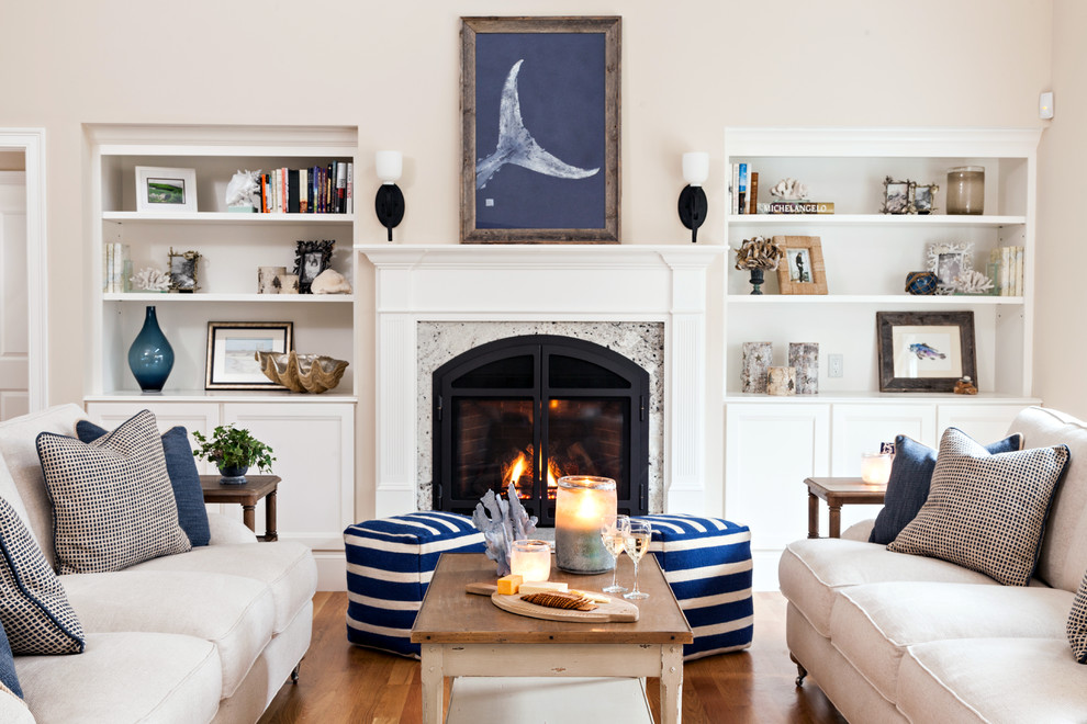 Large beach style formal and enclosed dark wood floor living room photo in Boston with a standard fireplace, a stone fireplace, white walls and no tv