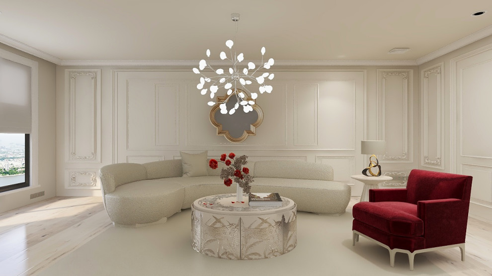 Großes, Fernseherloses, Offenes Modernes Wohnzimmer mit beiger Wandfarbe, weißem Boden, eingelassener Decke und vertäfelten Wänden in Miami