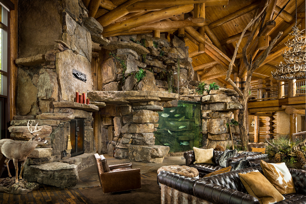 Design ideas for a rustic open plan living room in Other with a corner fireplace and a stone fireplace surround.