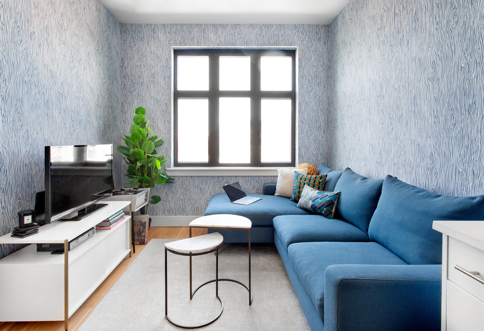 Kleines, Abgetrenntes Modernes Wohnzimmer ohne Kamin mit blauer Wandfarbe, hellem Holzboden, freistehendem TV und beigem Boden in New York
