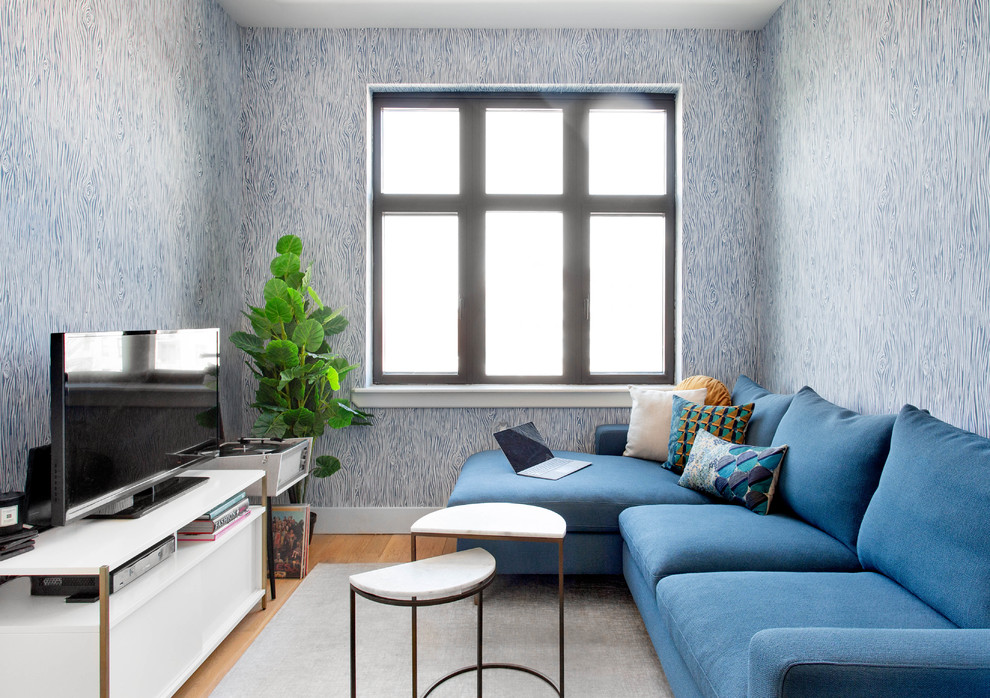 Kleines, Abgetrenntes Modernes Wohnzimmer ohne Kamin mit blauer Wandfarbe, hellem Holzboden, freistehendem TV und beigem Boden in New York