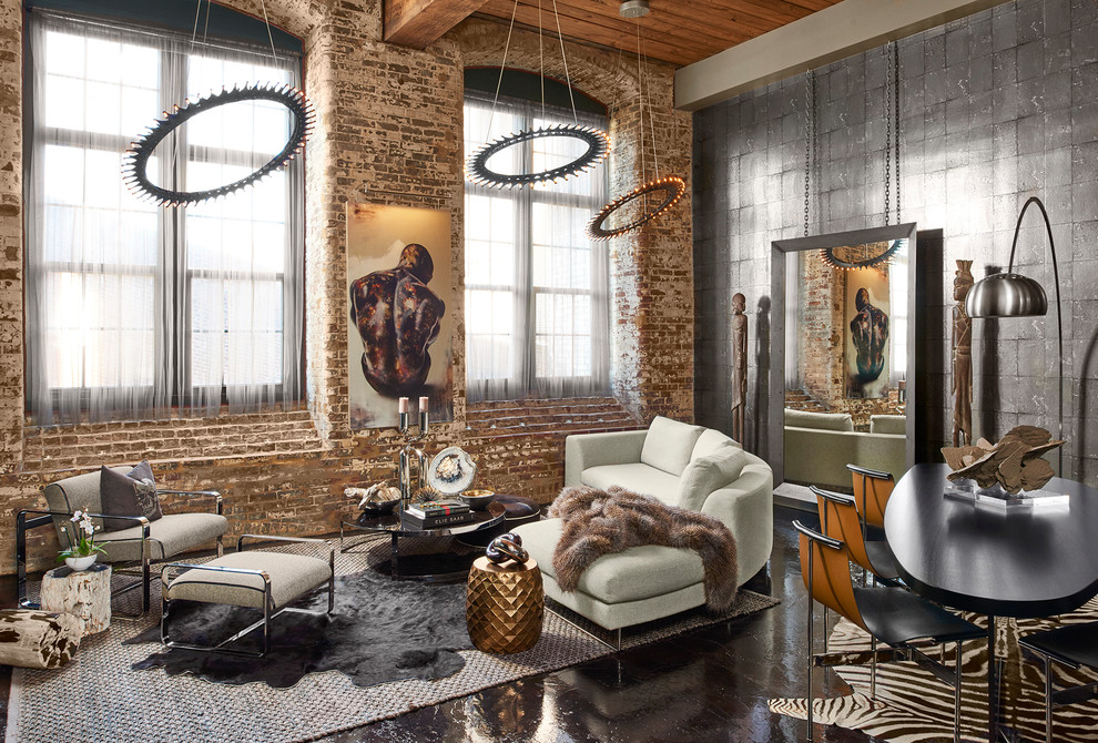 Идея дизайна: парадная, открытая гостиная комната среднего размера:: освещение в стиле лофт с серыми стенами, черным полом и бетонным полом