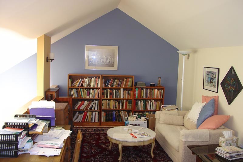 Esempio di un soggiorno minimal stile loft e di medie dimensioni con libreria, pareti multicolore e pavimento in legno massello medio