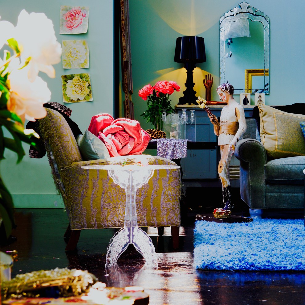Inspiration for a huge eclectic loft-style concrete floor and black floor living room remodel in Atlanta with blue walls