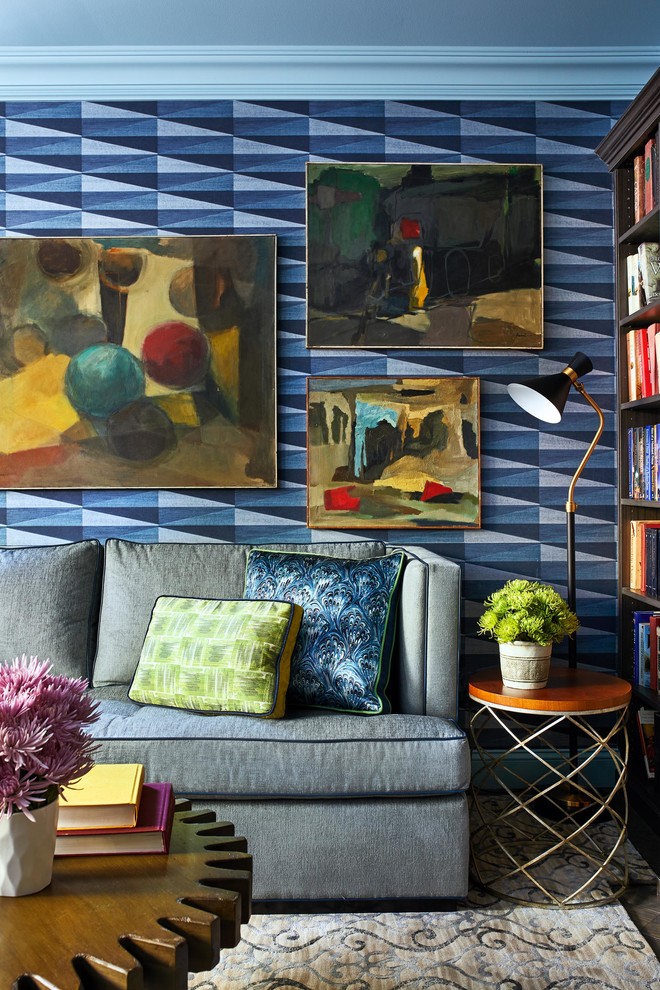 Idéer för att renovera ett mellanstort eklektiskt separat vardagsrum, med blå väggar, heltäckningsmatta och flerfärgat golv