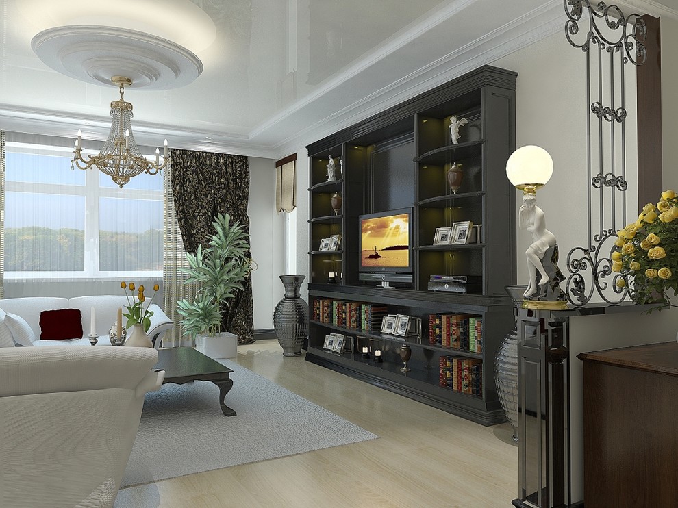Diseño de salón actual con paredes blancas y televisor independiente