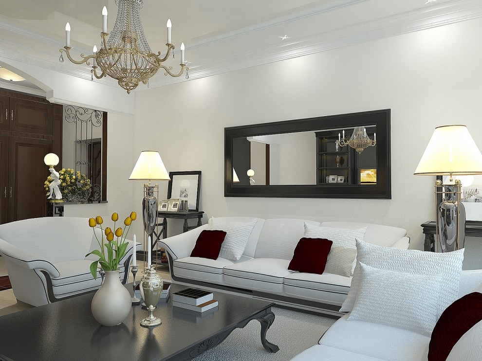 Example of a trendy living room design in Sacramento with white walls