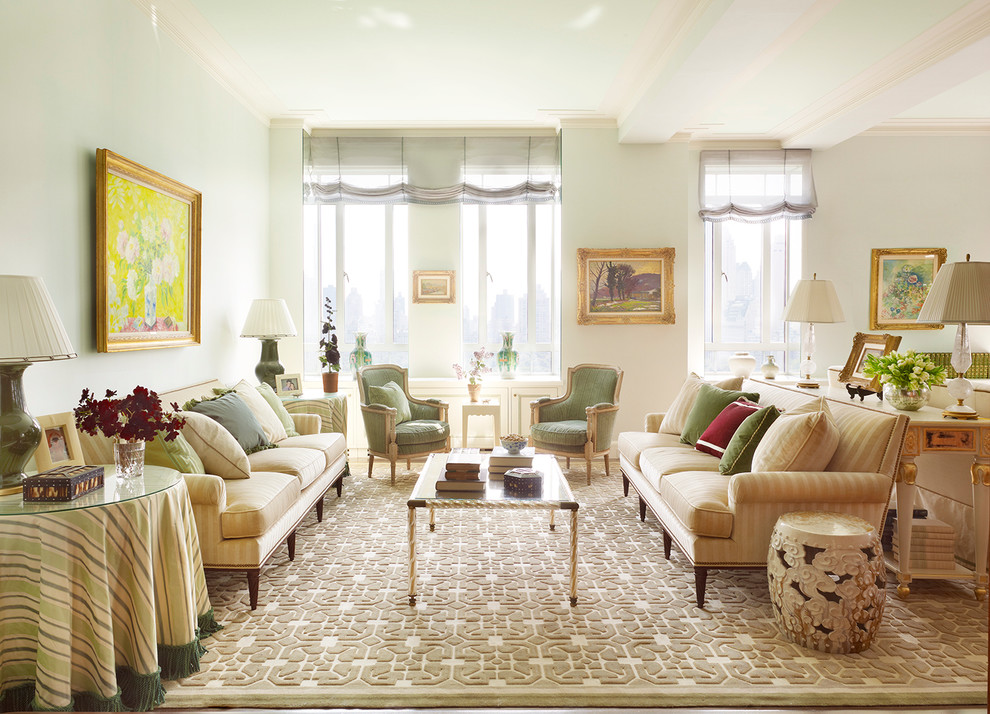 Idee per un grande soggiorno classico con sala formale, pareti verdi e nessuna TV
