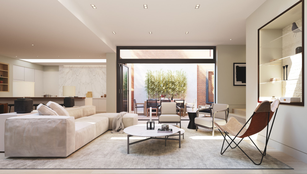 Großes, Offenes Modernes Wohnzimmer ohne Kamin mit beiger Wandfarbe, hellem Holzboden, TV-Wand, beigem Boden und eingelassener Decke in London