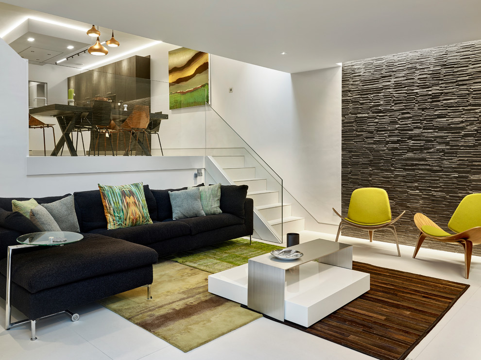 Photo of a contemporary living room in London with white walls, porcelain flooring and white floors.