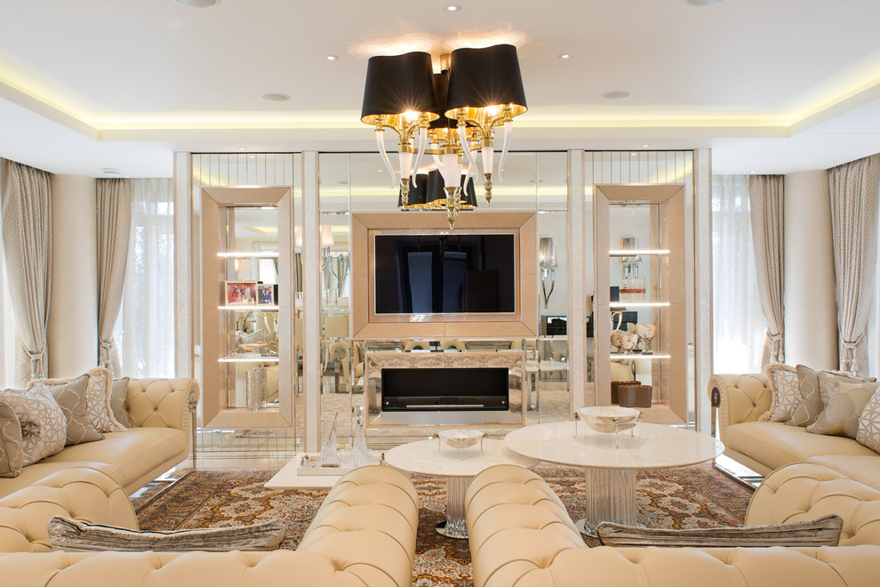 Idee per un grande soggiorno classico chiuso con sala formale, pareti bianche, pavimento in marmo e parete attrezzata