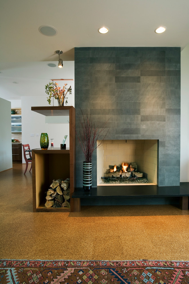 Photo of a contemporary living room in Chicago with cork flooring.