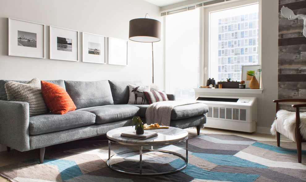 Esempio di un soggiorno minimalista con pareti grigie e parquet chiaro