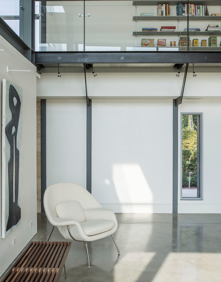 Стильный дизайн: большая парадная, открытая гостиная комната в стиле модернизм с белыми стенами и бетонным полом без телевизора - последний тренд