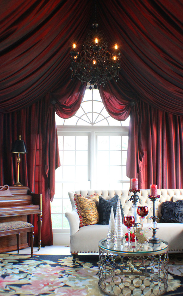 Diseño de salón con rincón musical cerrado clásico sin televisor con paredes rojas y suelo de baldosas de cerámica