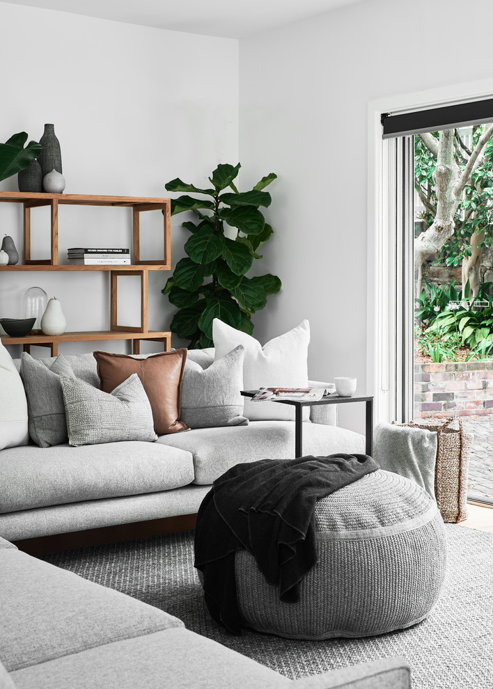 Mittelgroßes, Offenes Modernes Wohnzimmer ohne Kamin mit weißer Wandfarbe, hellem Holzboden, freistehendem TV und braunem Boden in Wollongong