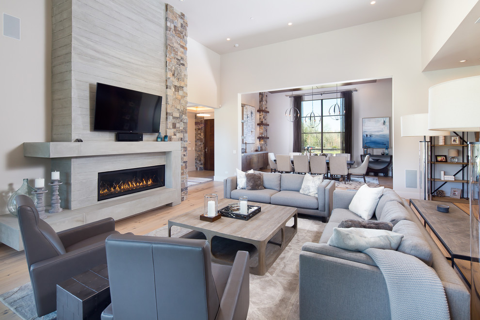 Living room - mid-sized contemporary formal and open concept light wood floor and beige floor living room idea in Sacramento with white walls, a ribbon fireplace, a concrete fireplace and a wall-mounted tv