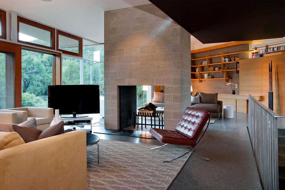 Пример оригинального дизайна: гостиная комната в современном стиле с бетонным полом и ковром на полу