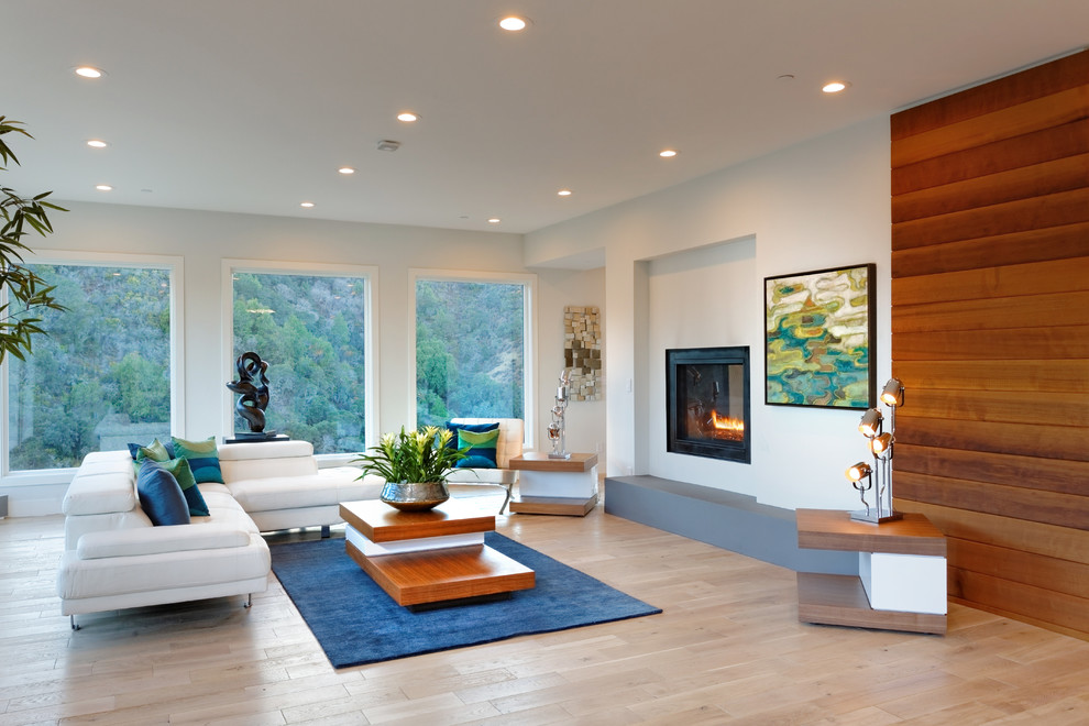 Inspiration for a large contemporary open concept light wood floor and beige floor living room remodel in San Francisco with white walls and a two-sided fireplace