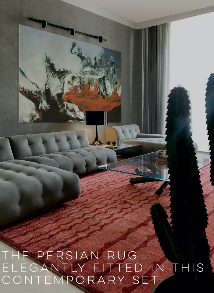 Стильный дизайн: открытая гостиная комната среднего размера в современном стиле с серыми стенами - последний тренд