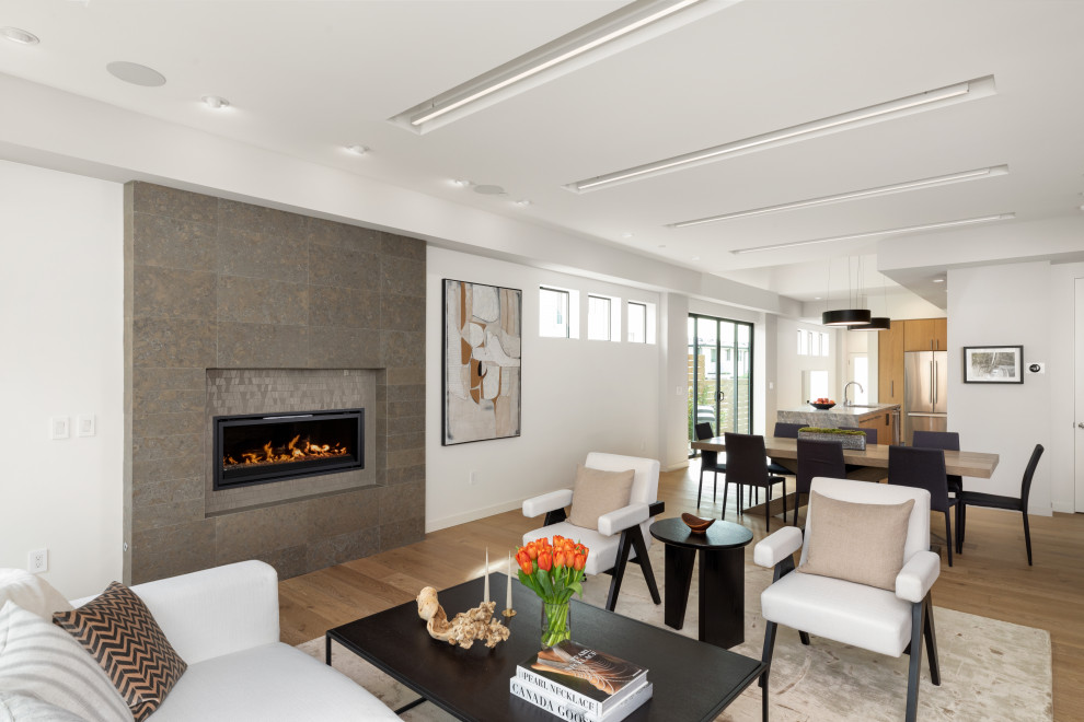 Modernes Wohnzimmer mit hellem Holzboden, Gaskamin, TV-Wand und beigem Boden in Los Angeles