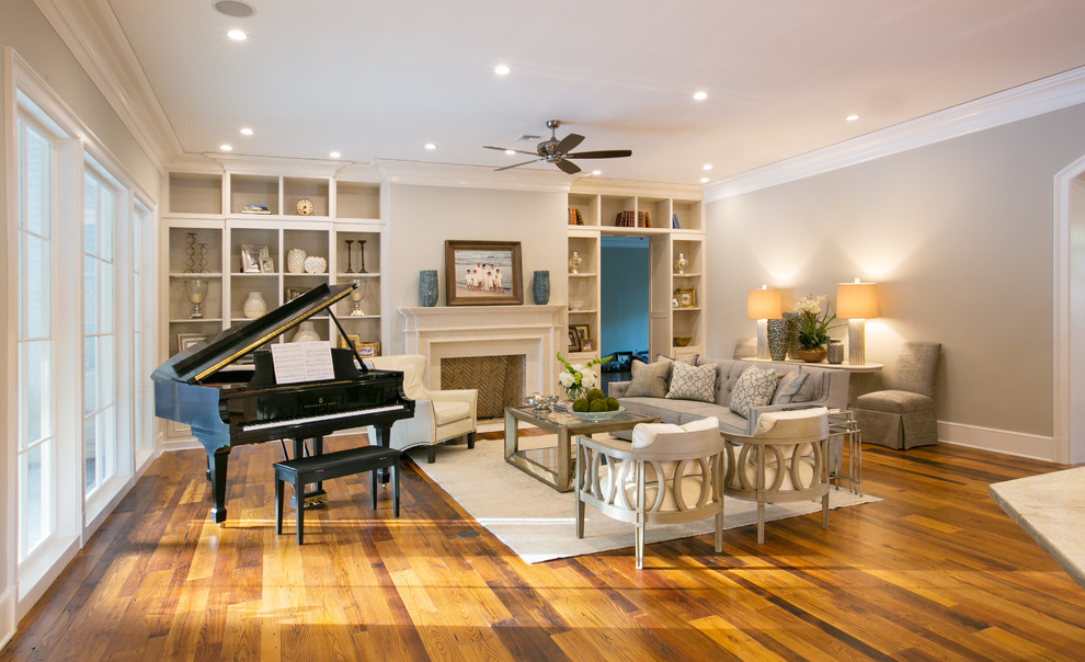 Design ideas for a large traditional formal open plan living room in New Orleans with grey walls, dark hardwood flooring, a standard fireplace, a stone fireplace surround and no tv.