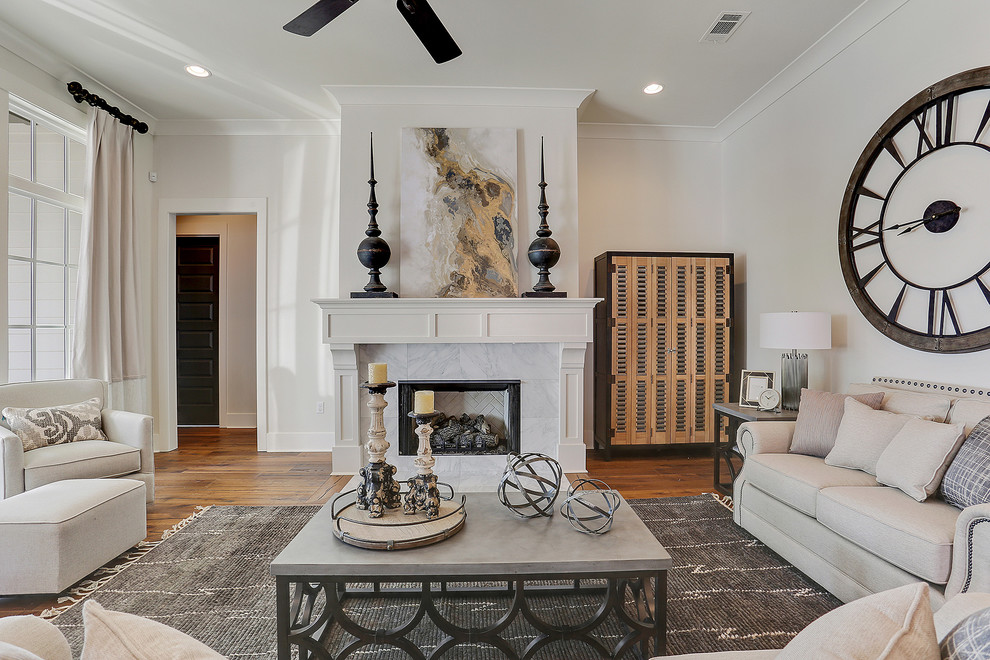 Inspiration for a mid-sized transitional formal and open concept dark wood floor and brown floor living room remodel in New Orleans with white walls, a standard fireplace, a stone fireplace and no tv