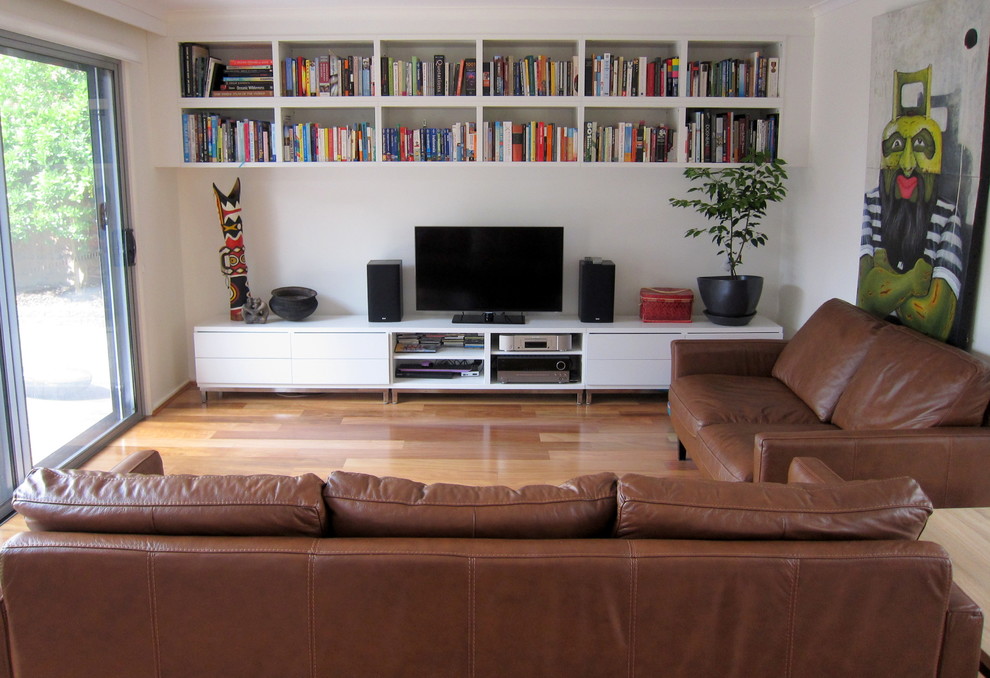 Imagen de salón cerrado actual pequeño sin chimenea con paredes blancas, suelo de madera clara y televisor independiente