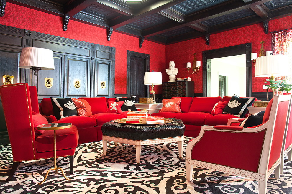 Immagine di un soggiorno eclettico di medie dimensioni e chiuso con sala formale, pareti rosse, parquet scuro, nessun camino e nessuna TV
