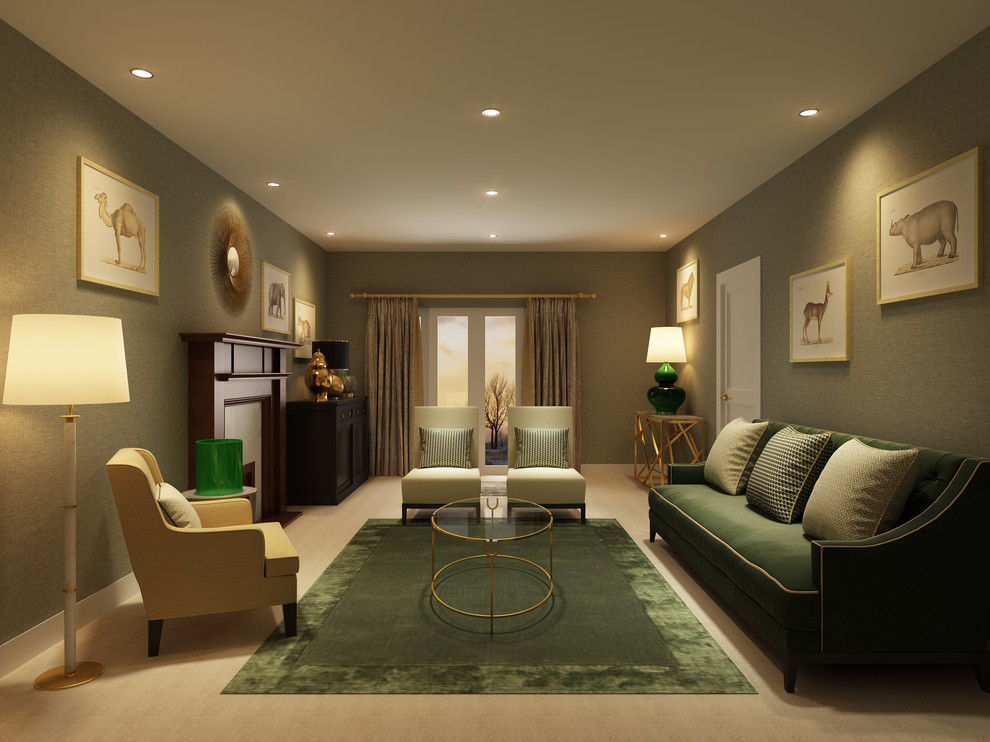 Idée de décoration pour un salon minimaliste de taille moyenne avec une salle de réception, un mur vert, moquette, une cheminée standard, un manteau de cheminée en bois, aucun téléviseur et un sol beige.