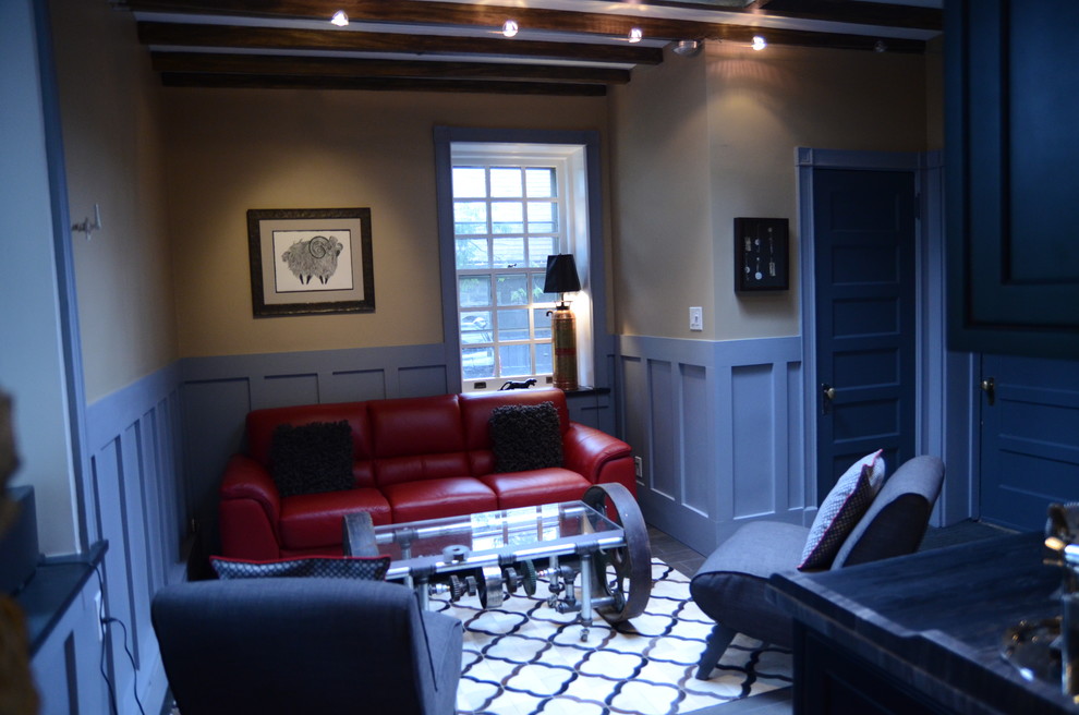 Идея дизайна: парадная, изолированная гостиная комната среднего размера в современном стиле с разноцветными стенами и полом из сланца без камина, телевизора