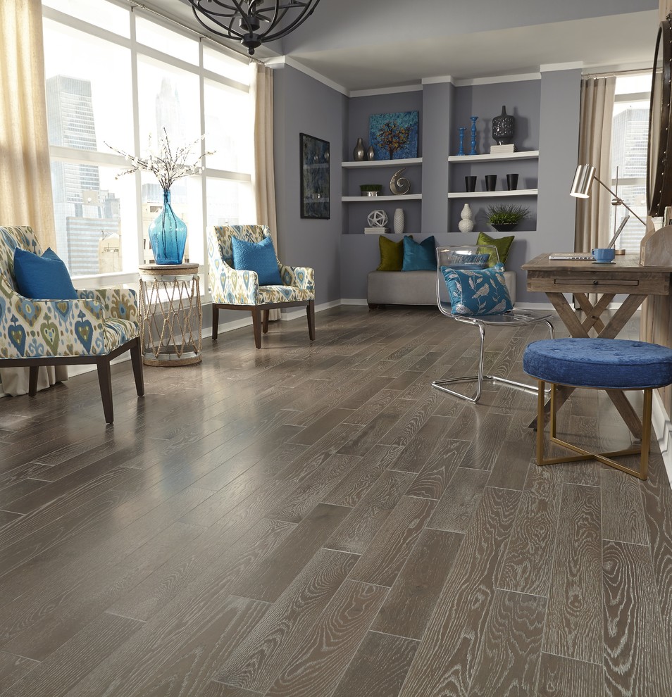Large trendy formal and open concept medium tone wood floor and brown floor living room photo in Other with beige walls