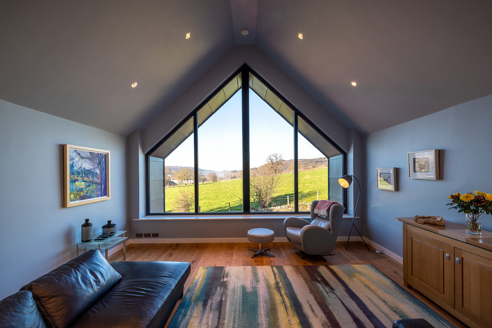 Mittelgroßes, Fernseherloses, Abgetrenntes Modernes Wohnzimmer ohne Kamin mit blauer Wandfarbe und hellem Holzboden in Sonstige